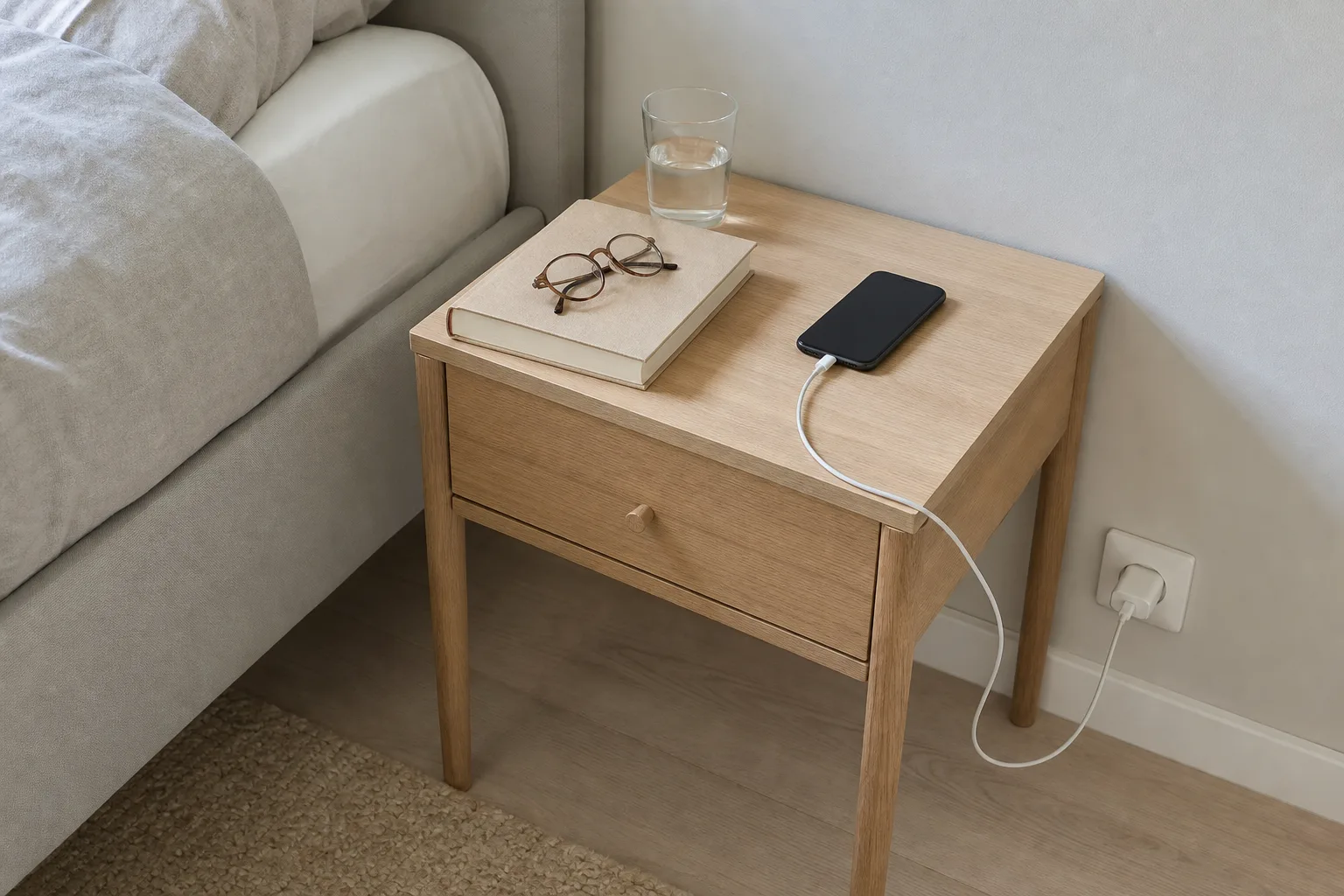 Telefon med laddkabel på en fri bordsskiva och ett vägguttag bakom sängbordet.