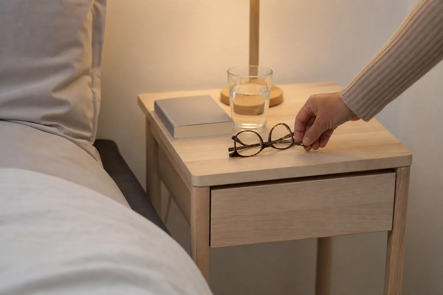 Hand som lägger glasögon på ett enkelt bord med glas och bok vid sängkanten.