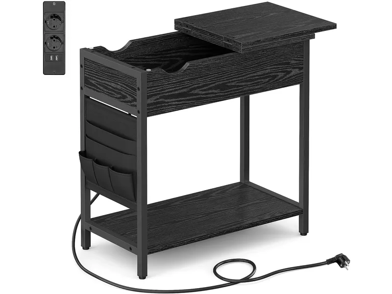 Vasagle sidobord med kraftremsa, med USB -portar, nattduksbord, svart träeffekt